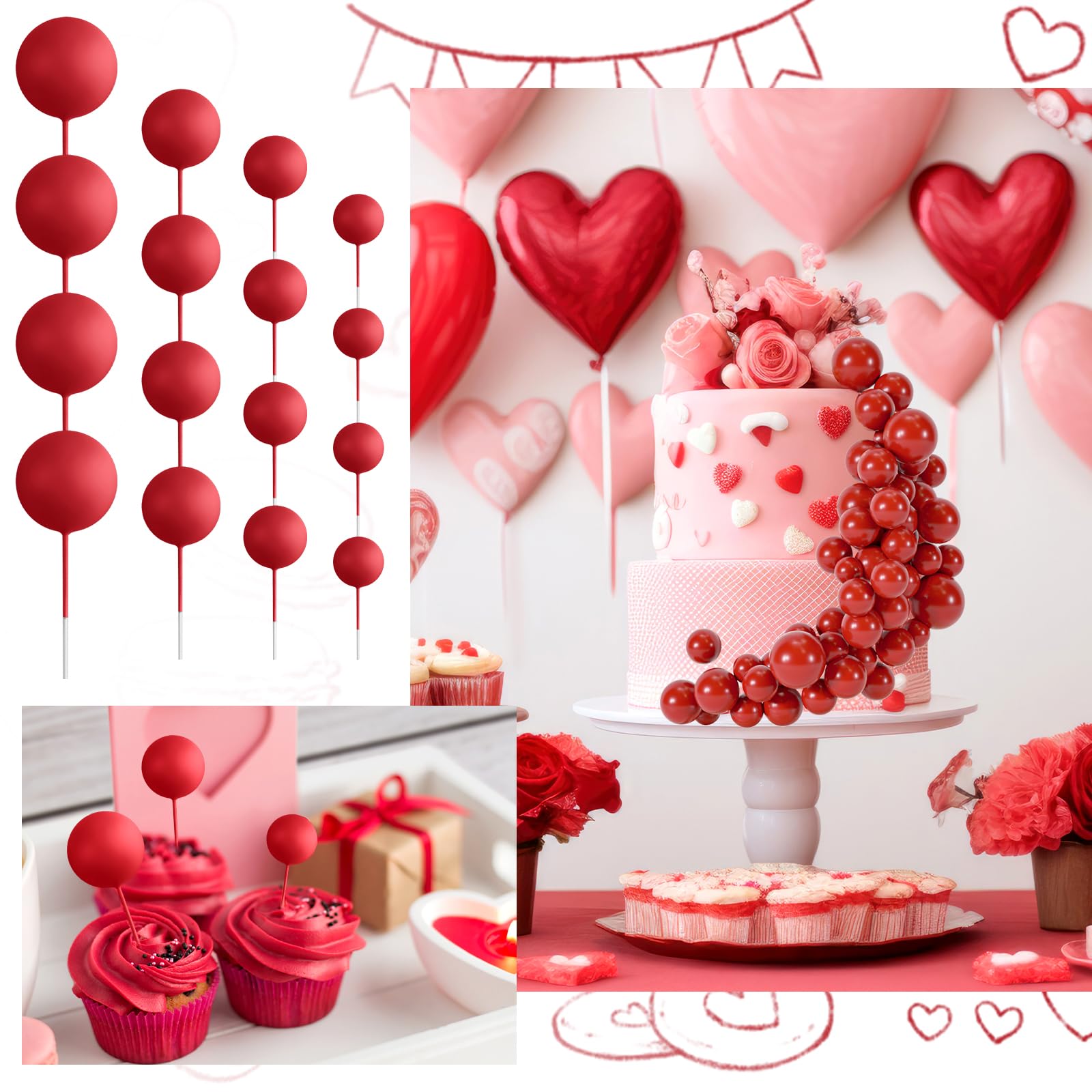 BOUBONI 48 Pcs Red Ball Cake Toppers – Multi-Size Foam Decorations for Birthday & Wedding