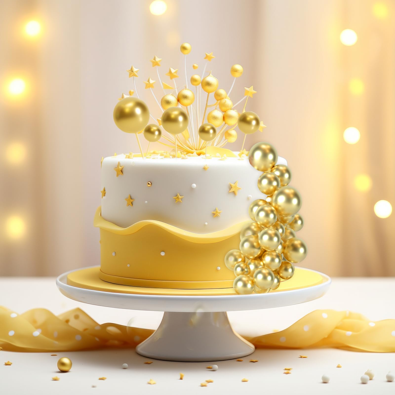 BOUBONI 48 Pcs Gold Ball Cake Toppers – 4 Sizes & 10 Butterflies