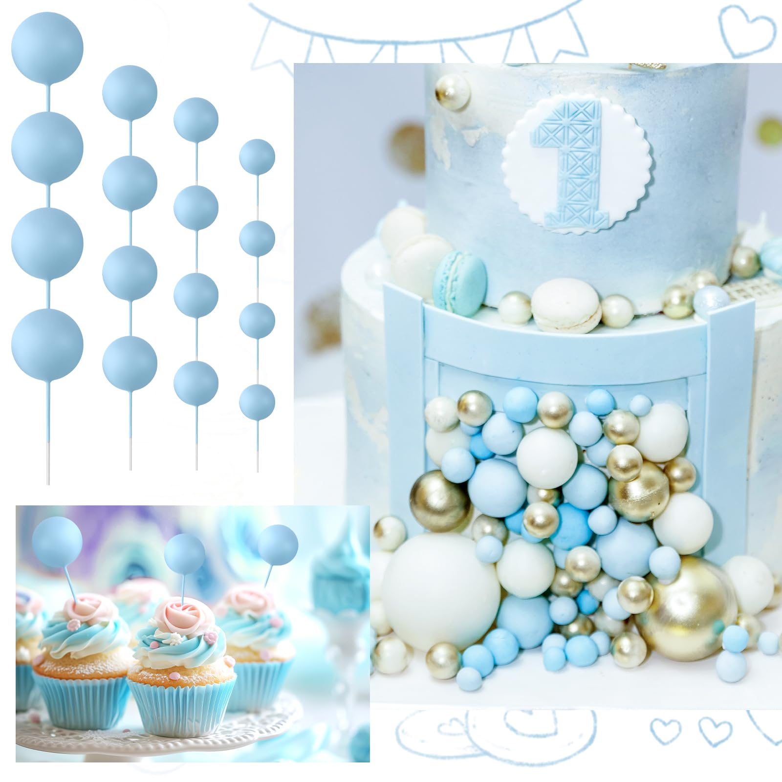 BOUBONI 48 Pcs Light Blue Ball Cake Topper Decorations – Foam Ball Toppers for Cakes, Cupcakes, Birthday & Wedding