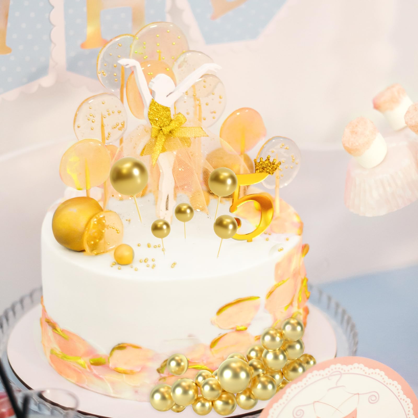 BOUBONI 48 Pcs Gold Ball Cake Toppers – 4 Sizes & 10 Butterflies