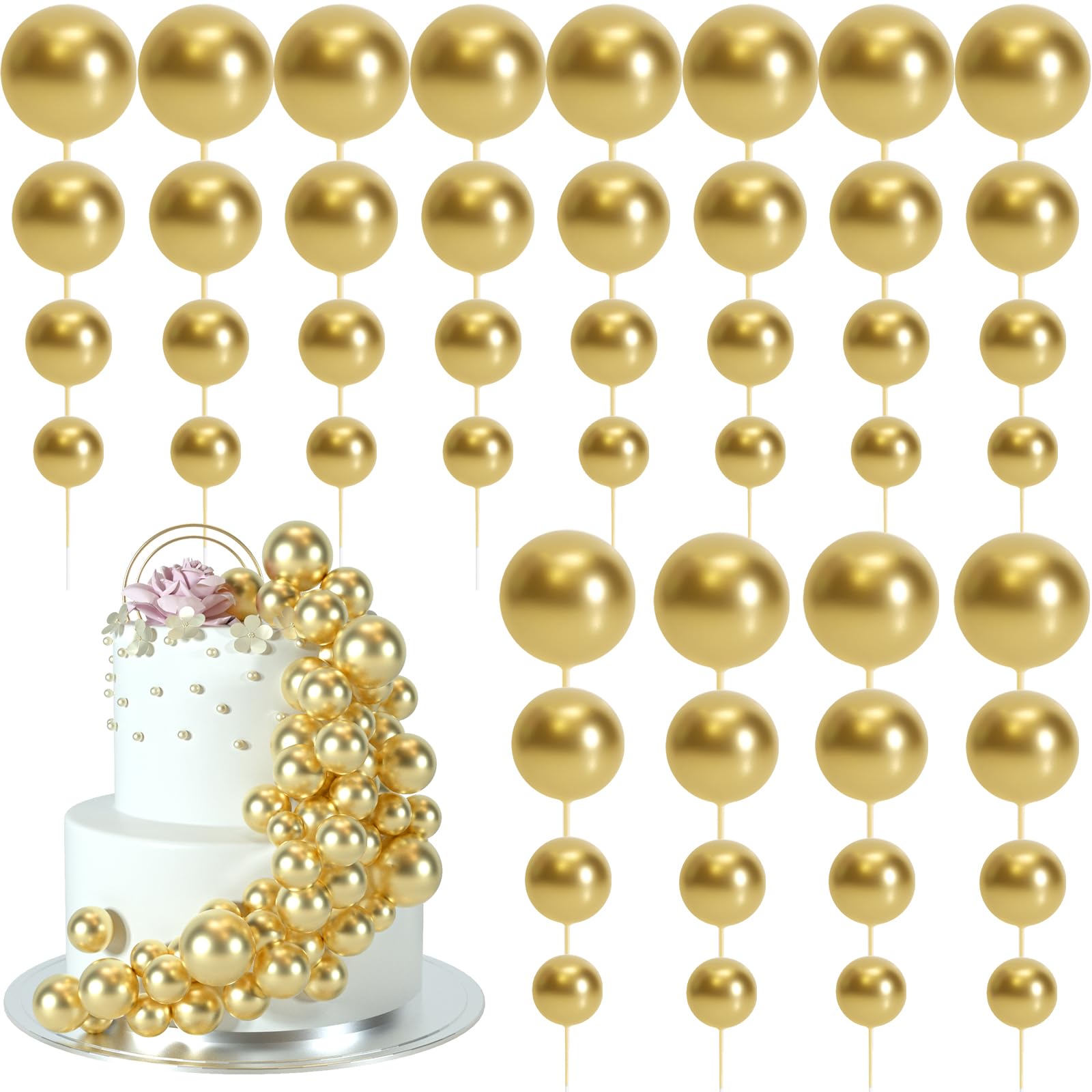 BOUBONI 48 Pcs Gold Ball Cake Toppers – 4 Sizes & 10 Butterflies