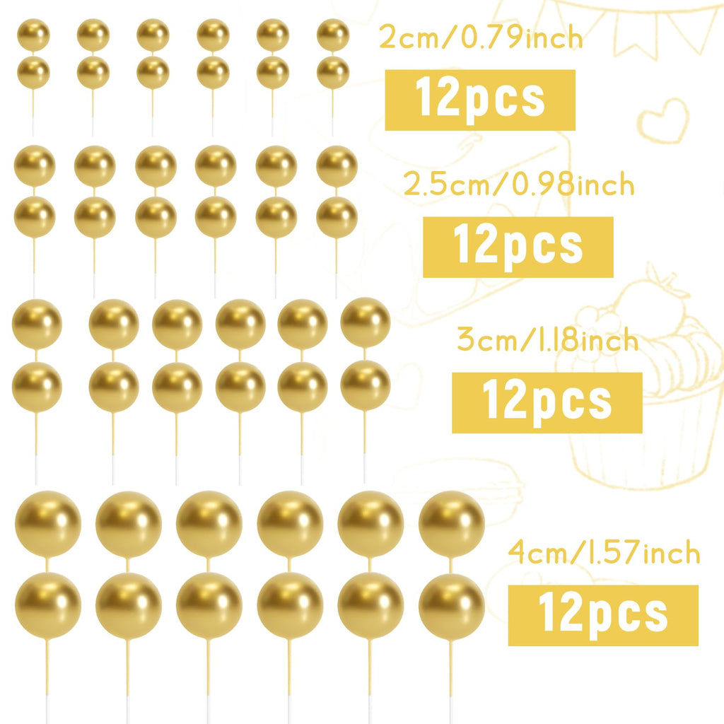 BOUBONI 48 Pcs Gold Ball Cake Toppers – 4 Sizes & 10 Butterflies
