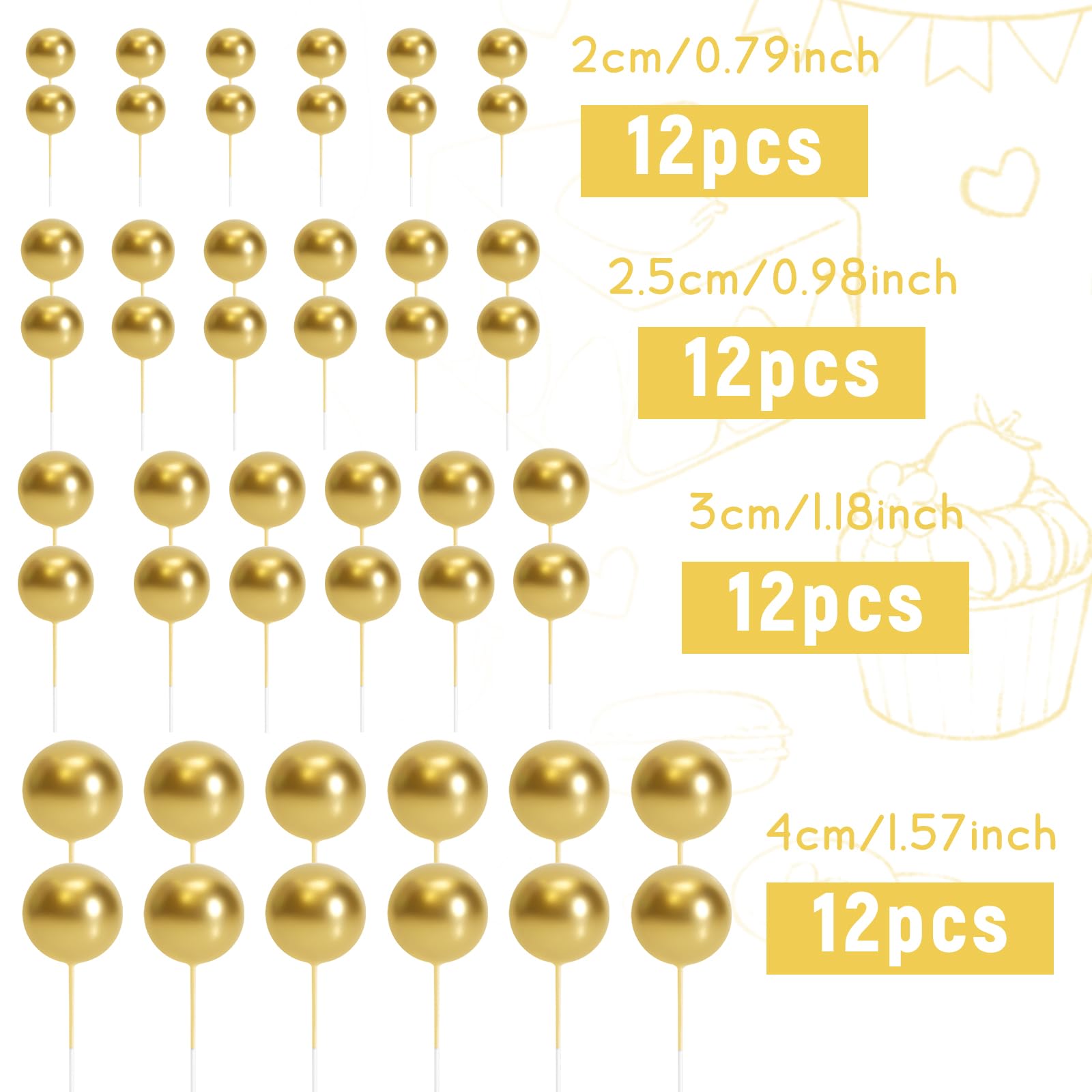 BOUBONI 48 Pcs Gold Ball Cake Toppers – 4 Sizes & 10 Butterflies