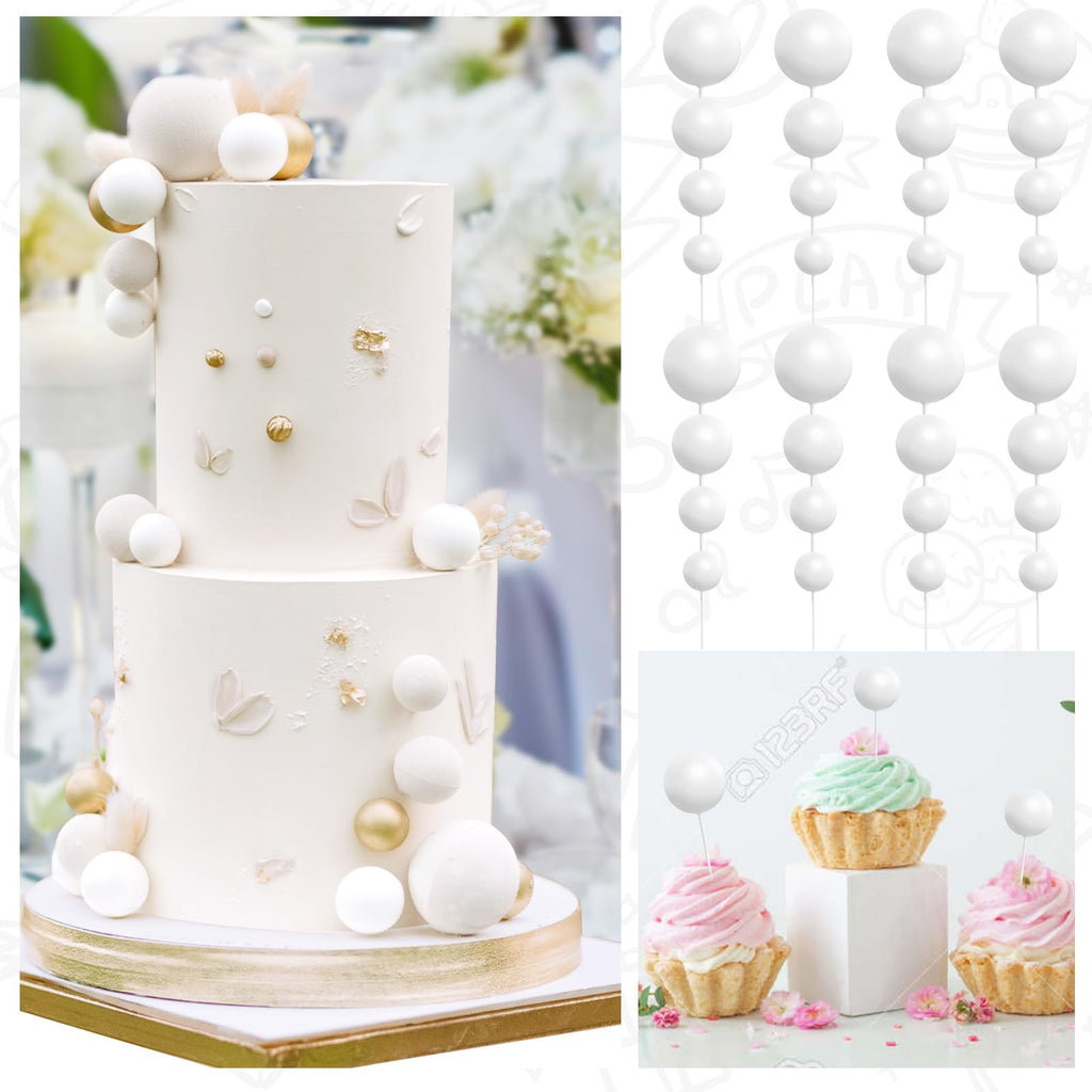 BOUBONI 48 Pcs White Foam Ball Cake Toppers – 4 Sizes for Birthday, Wedding & More