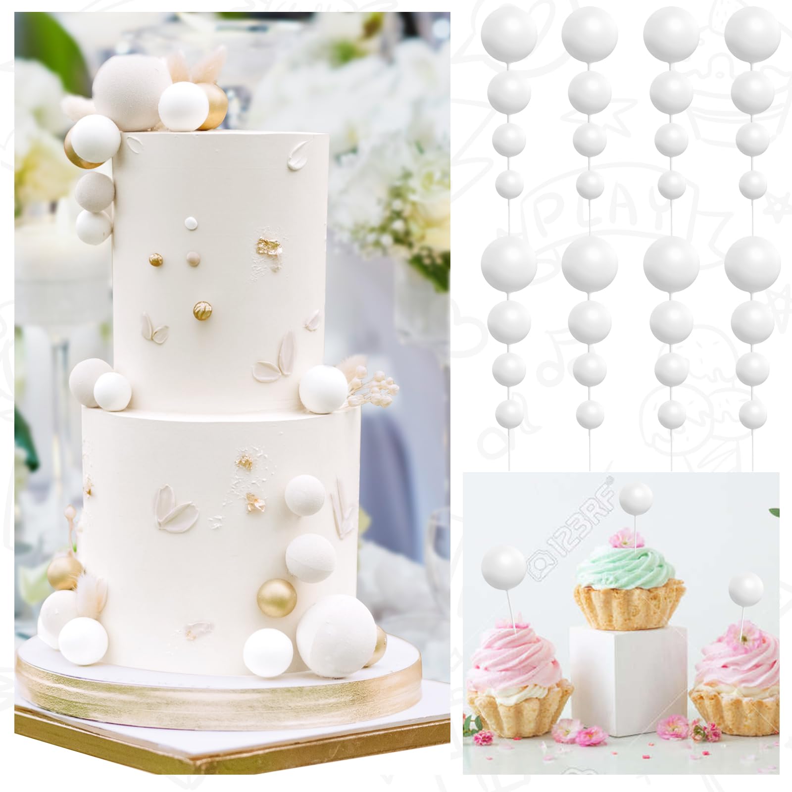 BOUBONI 48 Pcs White Foam Ball Cake Toppers – 4 Sizes for Birthday, Wedding & More