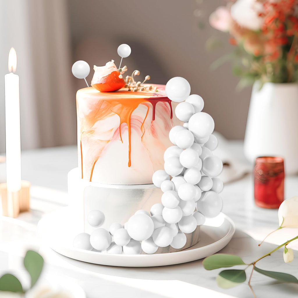 BOUBONI 48 Pcs White Foam Ball Cake Toppers – 4 Sizes for Birthday, Wedding & More