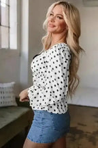 Polka Dot Bow Detail Puff Sleeve Peplum Blouse Women UK