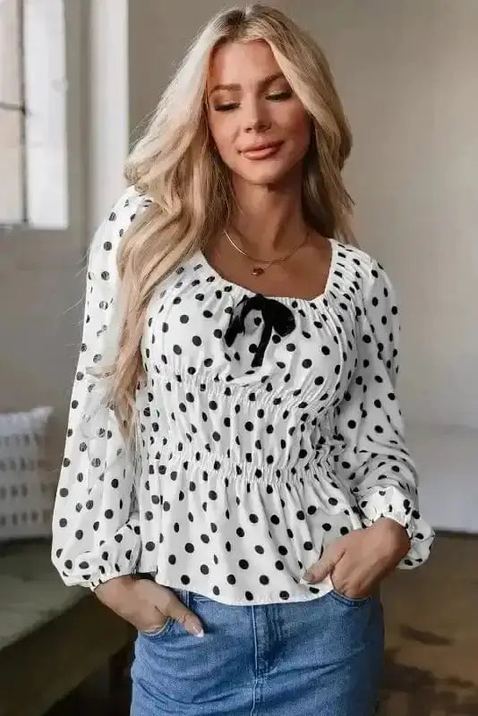 Polka Dot Bow Detail Puff Sleeve Peplum Blouse Women UK