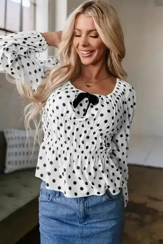 Polka Dot Bow Detail Puff Sleeve Peplum Blouse Women UK