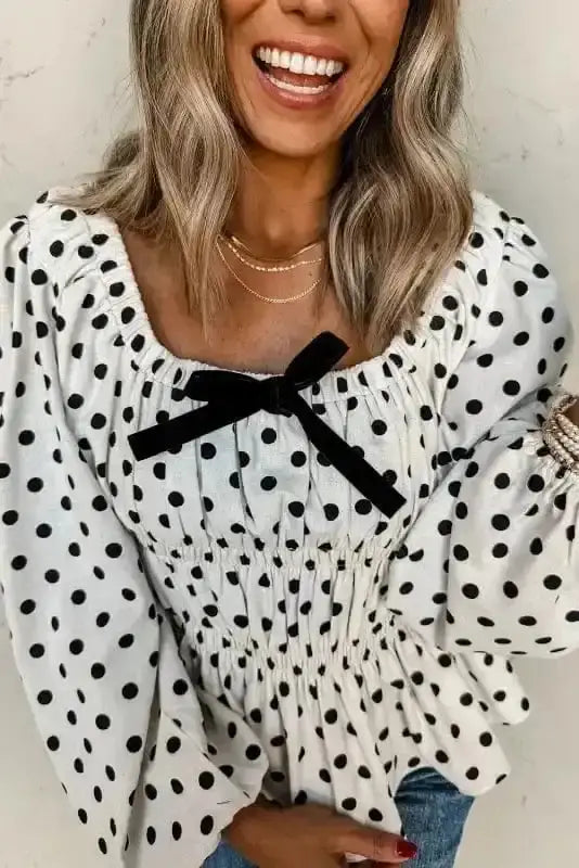 Polka Dot Bow Detail Puff Sleeve Peplum Blouse Women UK
