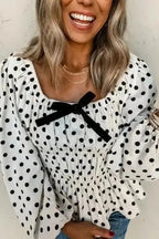 Polka Dot Bow Detail Puff Sleeve Peplum Blouse Women UK