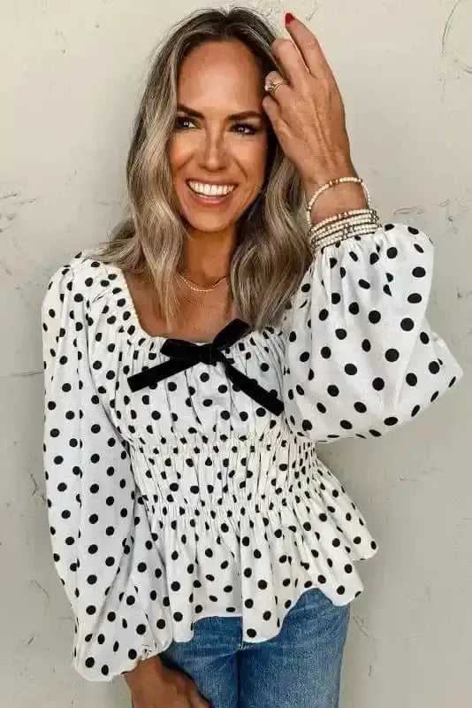 Polka Dot Bow Detail Puff Sleeve Peplum Blouse Women UK