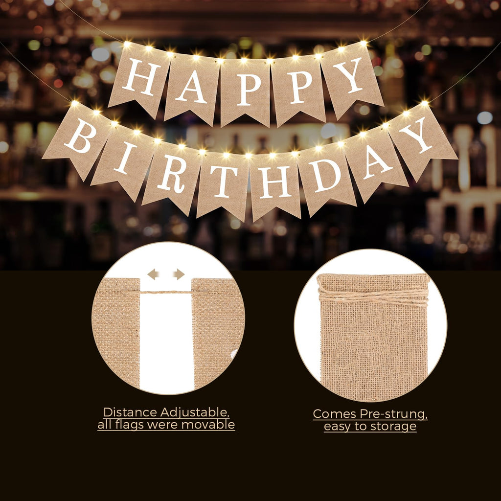 Breling Burlap Happy Birthday Banner Flags + 2 LED Fairy Lights — Rustic Party Garland (2 Banners + 2 Light Strings)