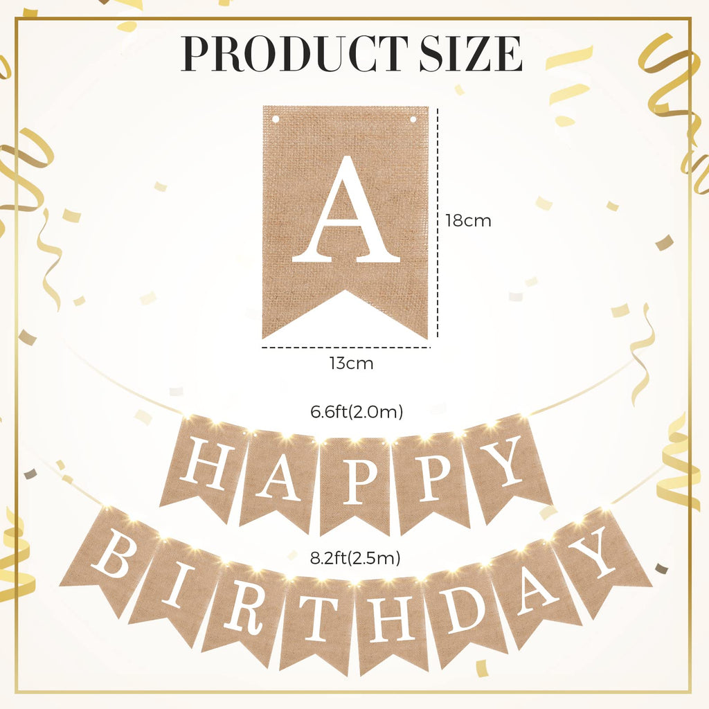 Breling Burlap Happy Birthday Banner Flags + 2 LED Fairy Lights — Rustic Party Garland (2 Banners + 2 Light Strings)
