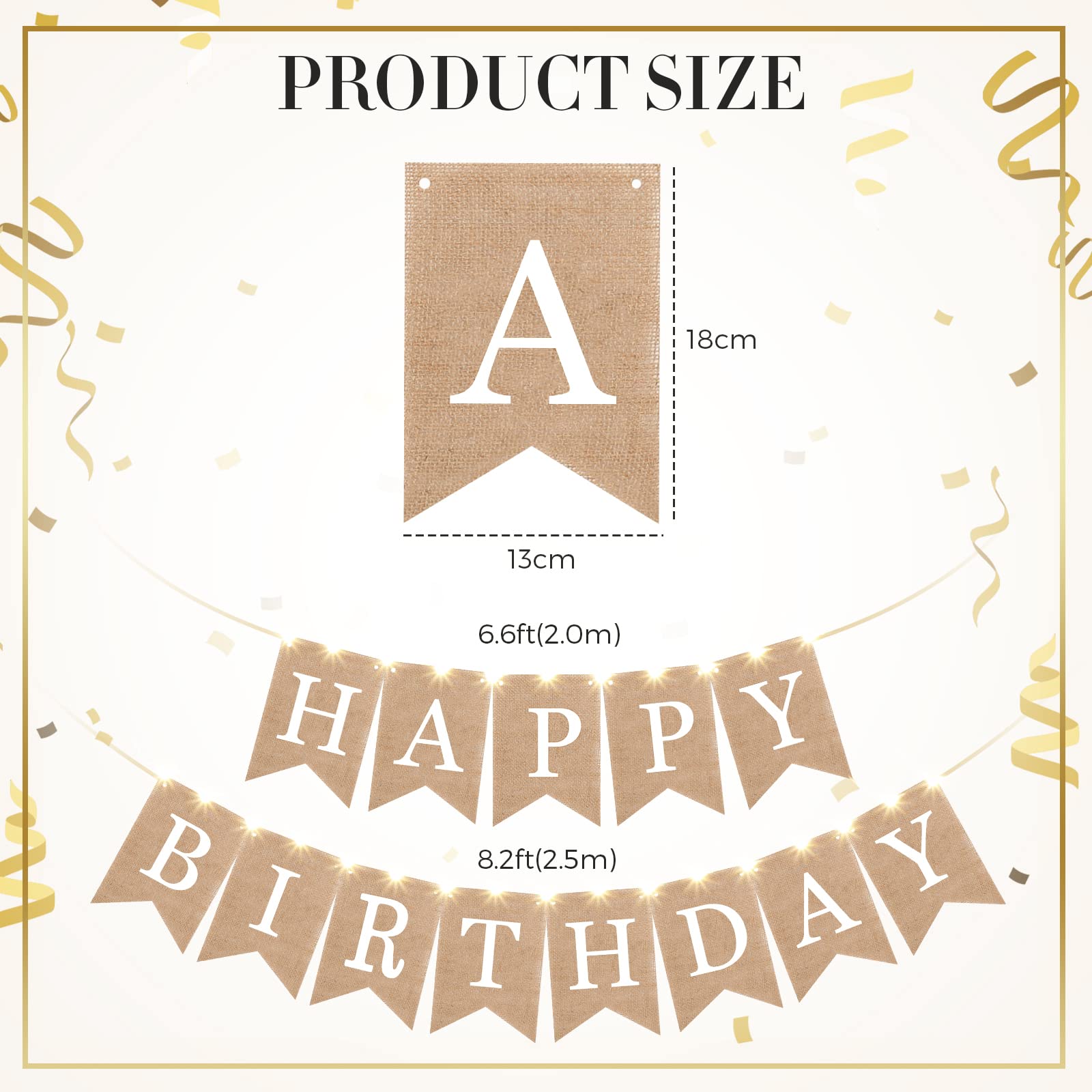 Breling Burlap Happy Birthday Banner Flags + 2 LED Fairy Lights — Rustic Party Garland (2 Banners + 2 Light Strings)
