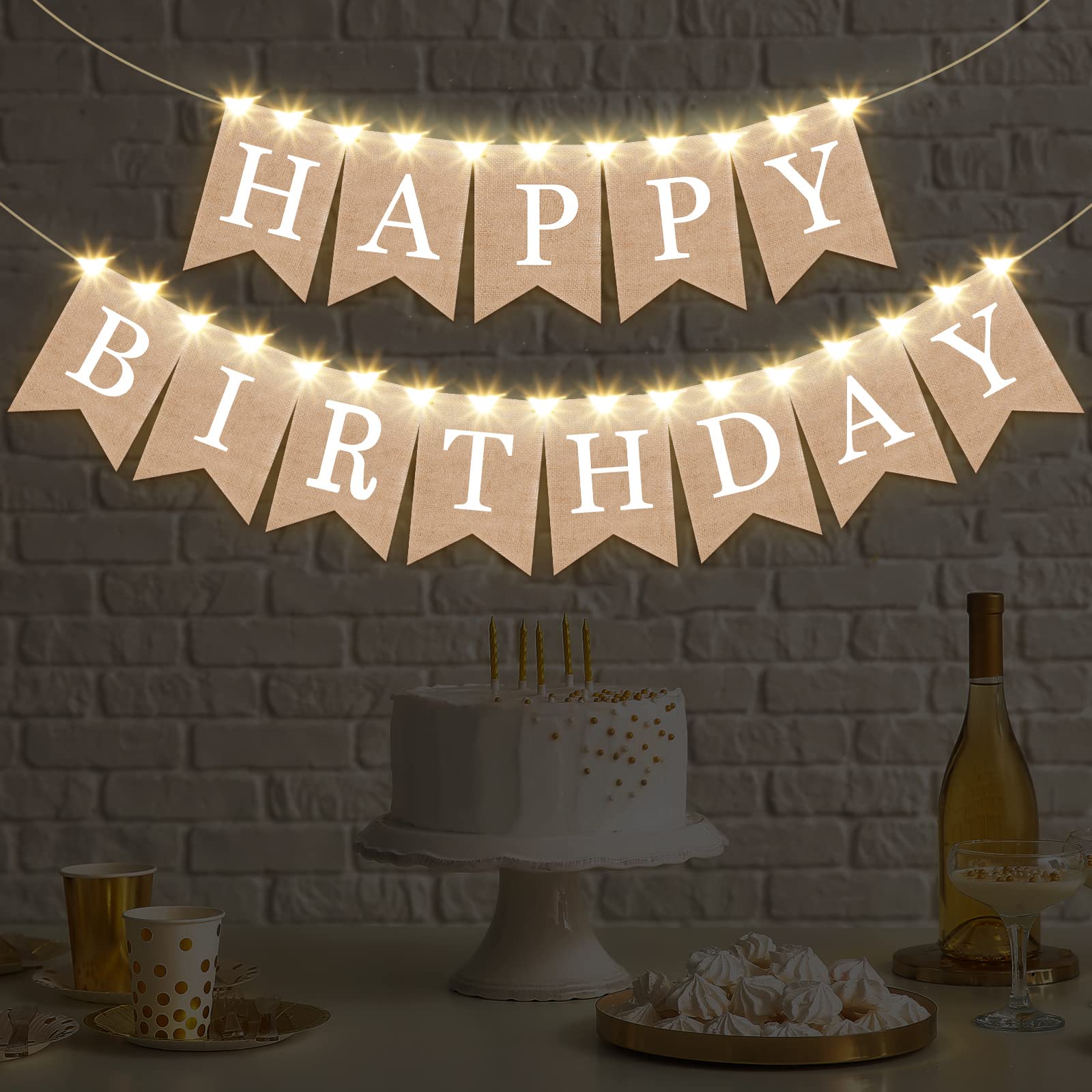 Breling Burlap Happy Birthday Banner Flags + 2 LED Fairy Lights — Rustic Party Garland (2 Banners + 2 Light Strings)