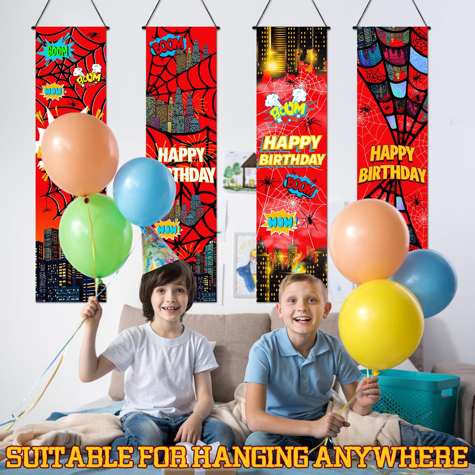 Breling 4 Pack Spider Web Backdrop Banner Decorations — 47.24 x 11.81 inches | Large Spider Background for Sport-Themed Birthday Parties