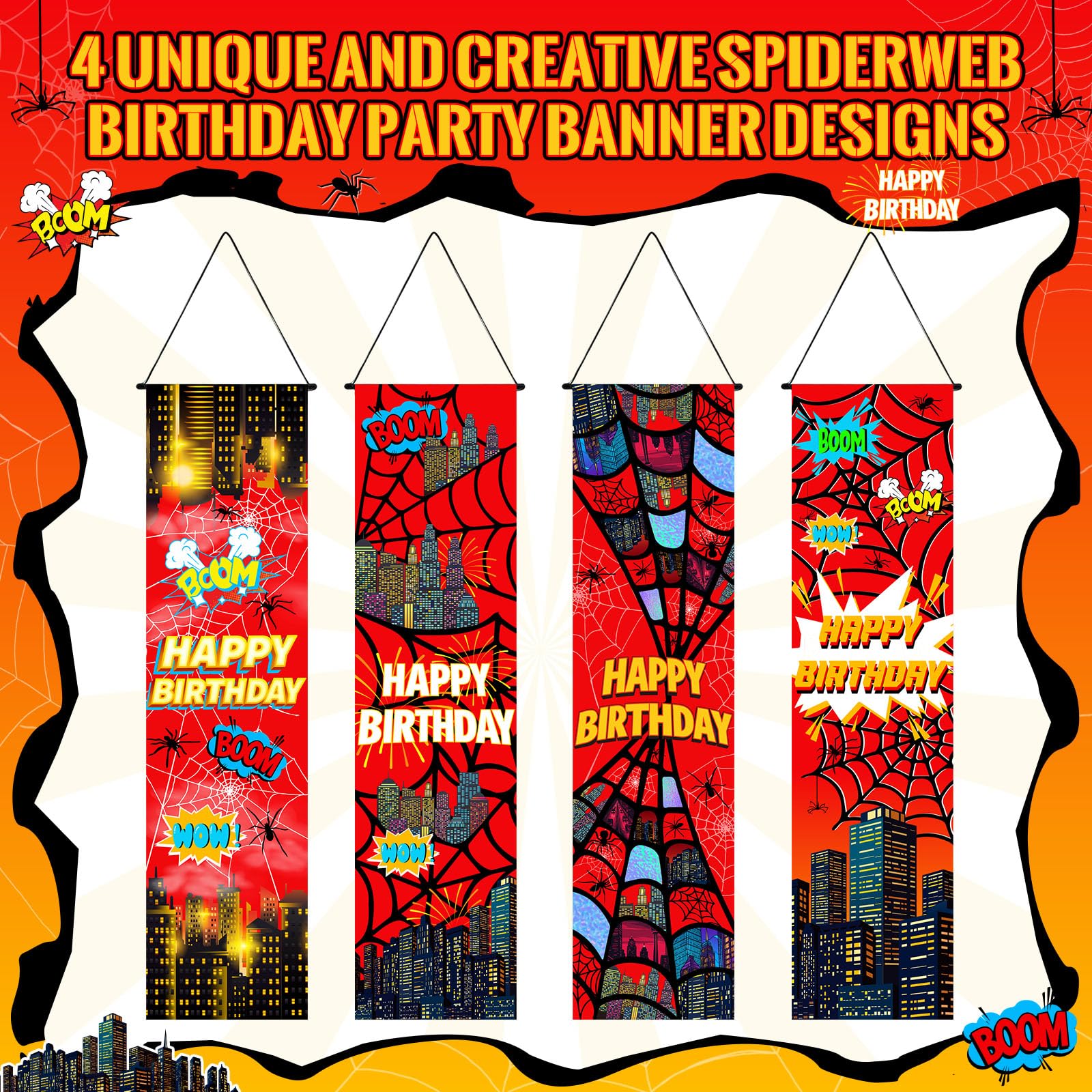 Breling 4 Pack Spider Web Backdrop Banner Decorations — 47.24 x 11.81 inches | Large Spider Background for Sport-Themed Birthday Parties