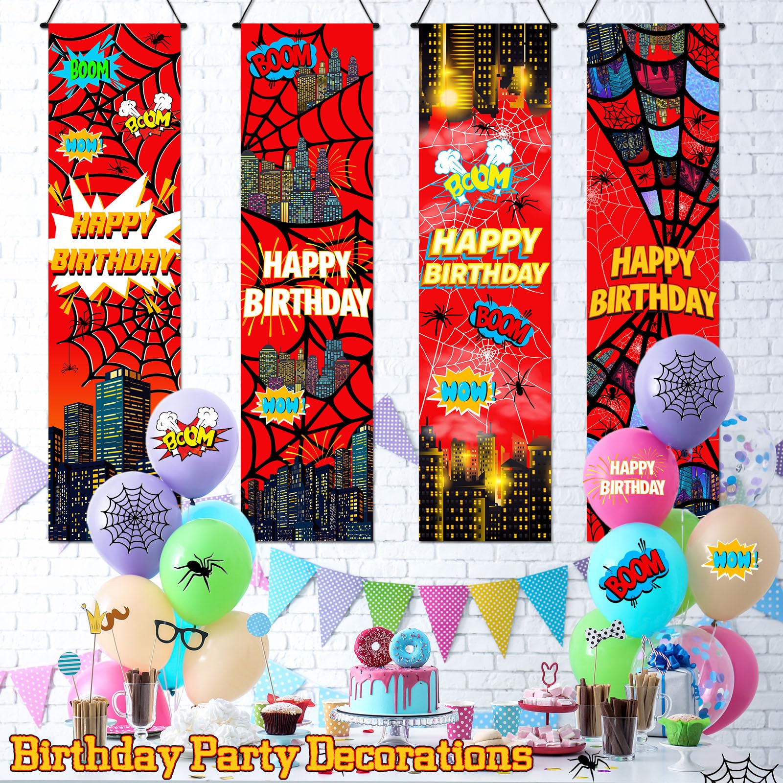 Breling 4 Pack Spider Web Backdrop Banner Decorations — 47.24 x 11.81 inches | Large Spider Background for Sport-Themed Birthday Parties