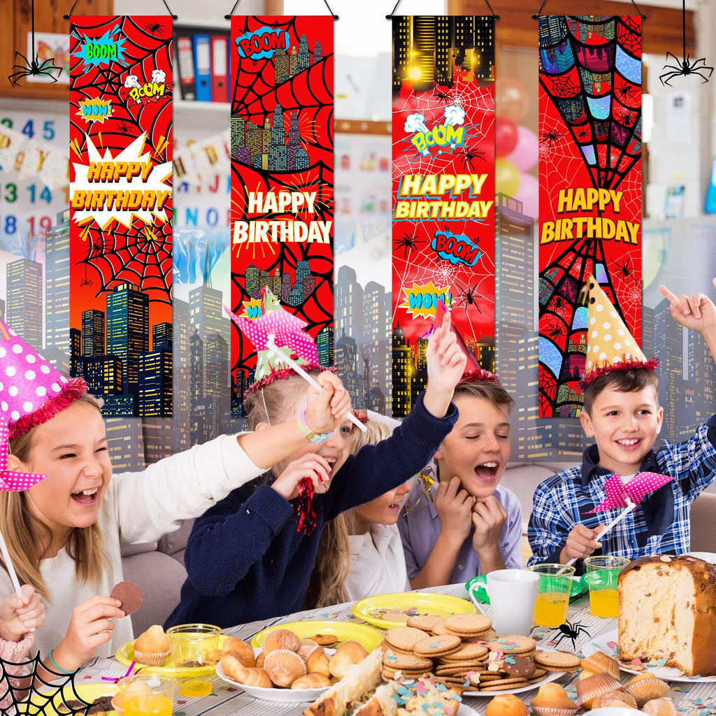 Breling 4 Pack Spider Web Backdrop Banner Decorations — 47.24 x 11.81 inches | Large Spider Background for Sport-Themed Birthday Parties