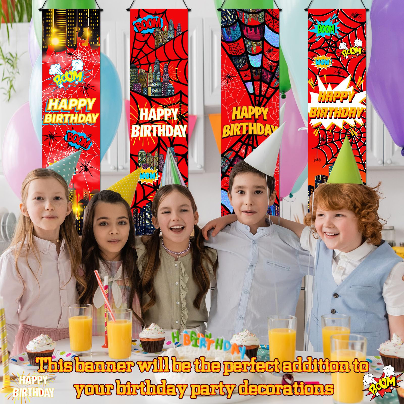Breling 4 Pack Spider Web Backdrop Banner Decorations — 47.24 x 11.81 inches | Large Spider Background for Sport-Themed Birthday Parties
