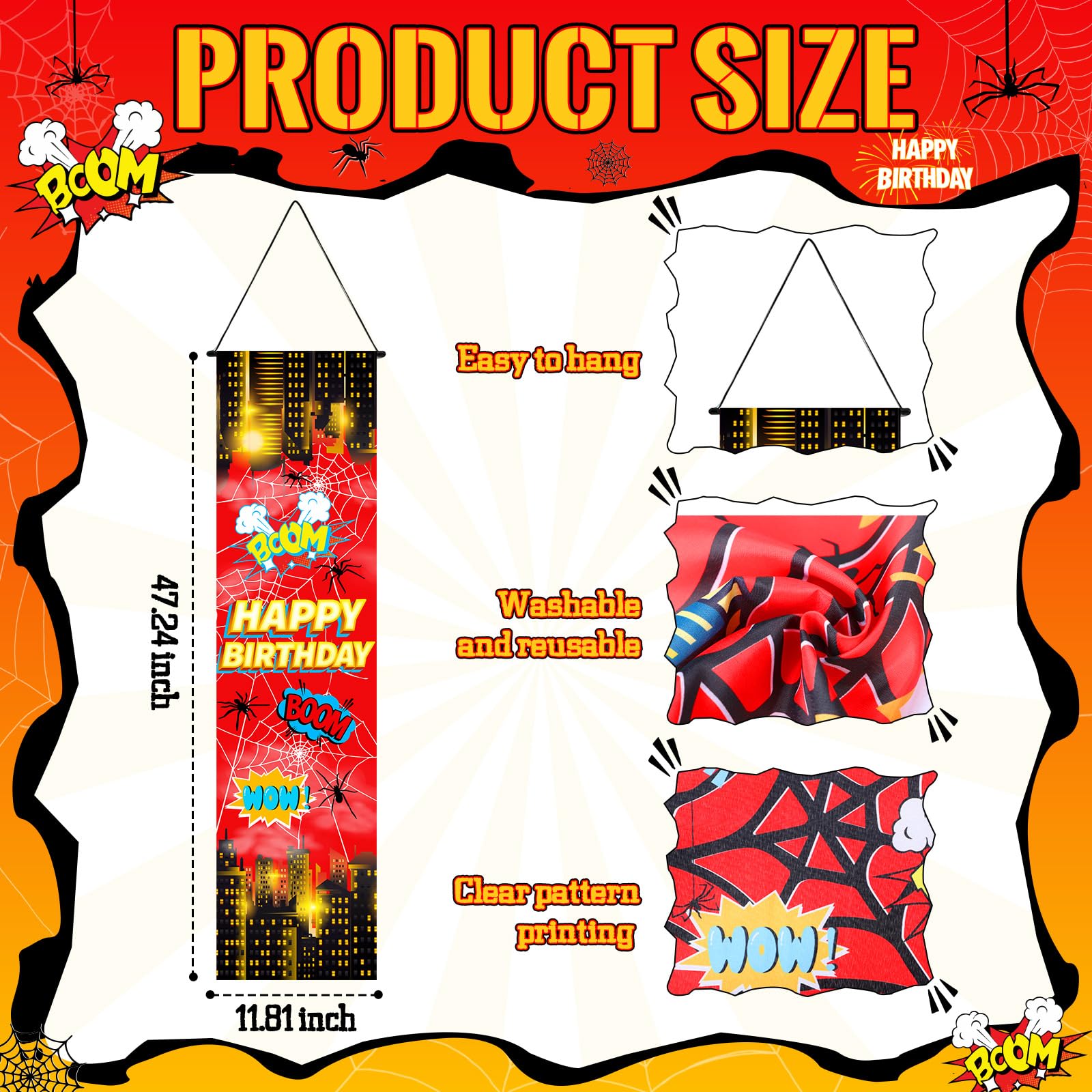 Breling 4 Pack Spider Web Backdrop Banner Decorations — 47.24 x 11.81 inches | Large Spider Background for Sport-Themed Birthday Parties