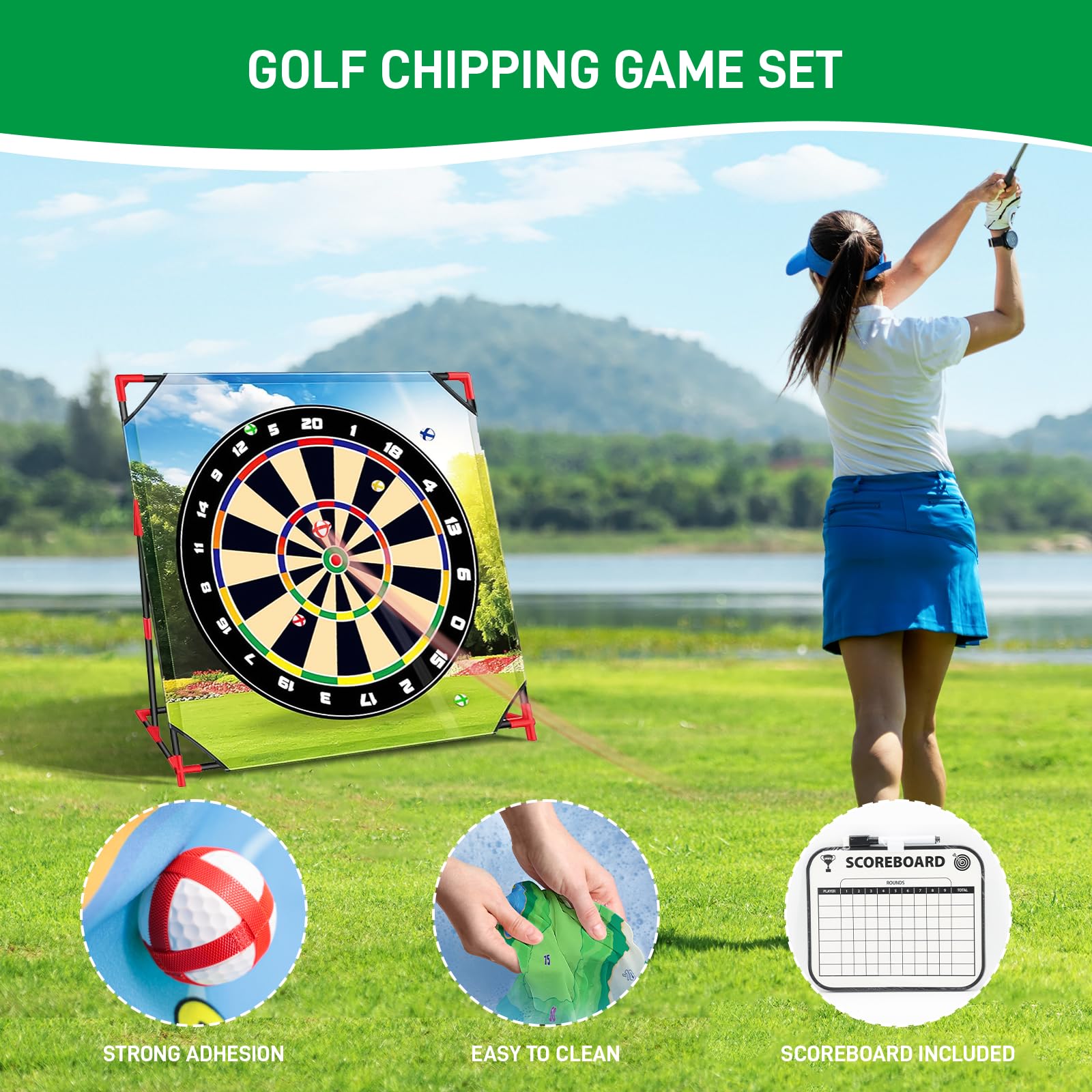Brezzolife Golf Chipping Game with Stand & 54x54 Hitting Mat – Indoor/Outdoor