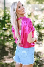 Pink Satin Backless Ruched Sleeve Blouse Women UK