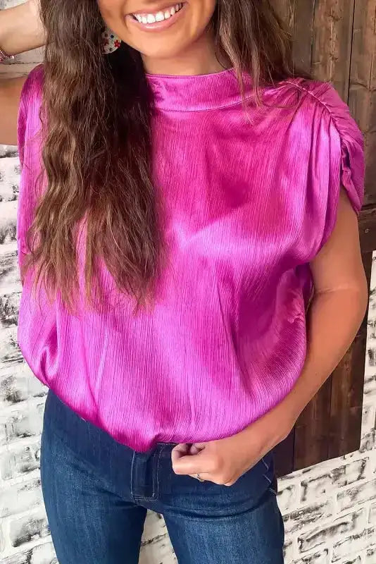 Pink Satin Backless Ruched Sleeve Blouse Women UK
