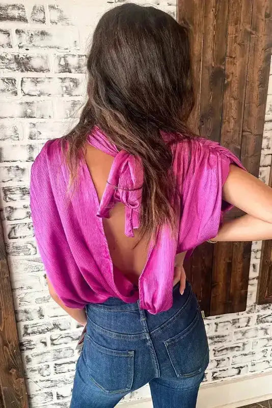Pink Satin Backless Ruched Sleeve Blouse Women UK