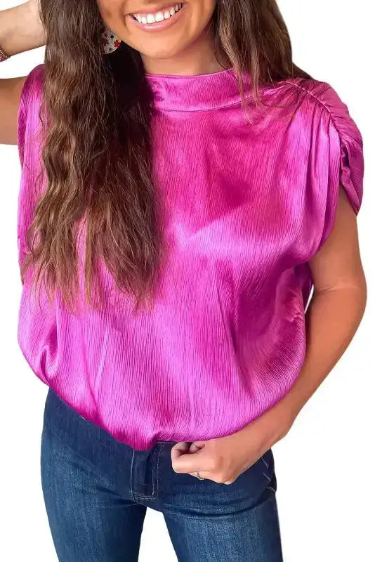Pink Satin Backless Ruched Sleeve Blouse Women UK