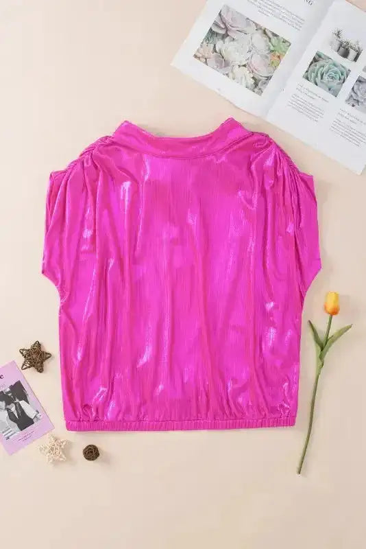 Pink Satin Backless Ruched Sleeve Blouse Women UK