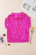 Pink Satin Backless Ruched Sleeve Blouse Women UK
