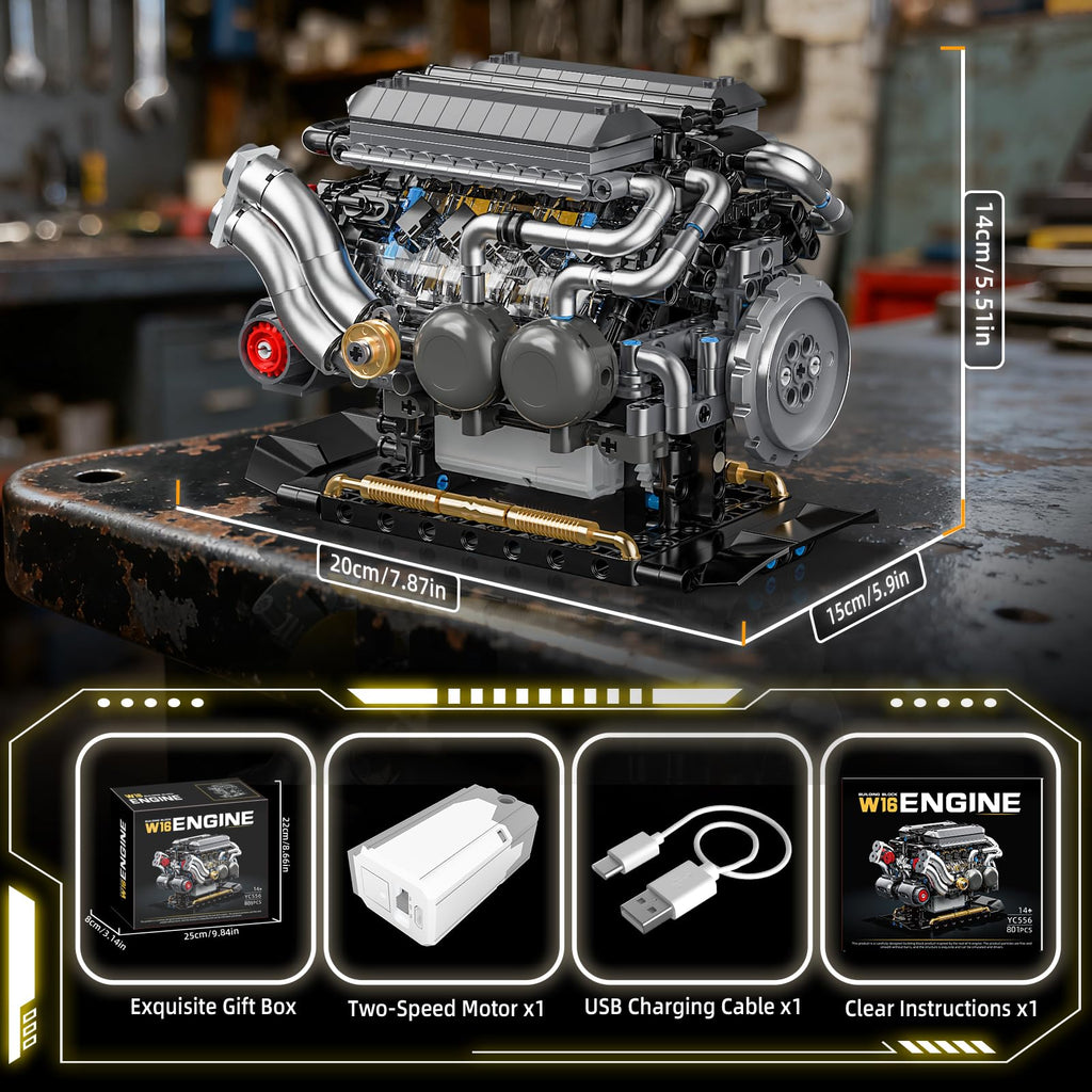 BseSparklion W16 Engine Building Blocks — 801 PCS STEM Model That Runs (Adults & Teens 8+)