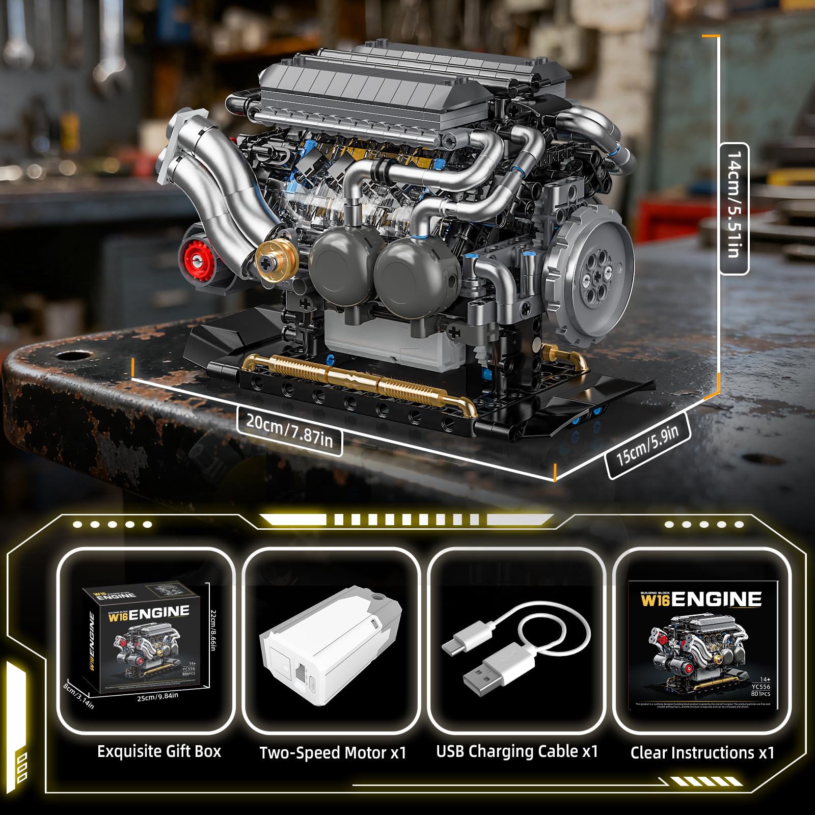 BseSparklion W16 Engine Building Blocks — 801 PCS STEM Model That Runs (Adults & Teens 8+)