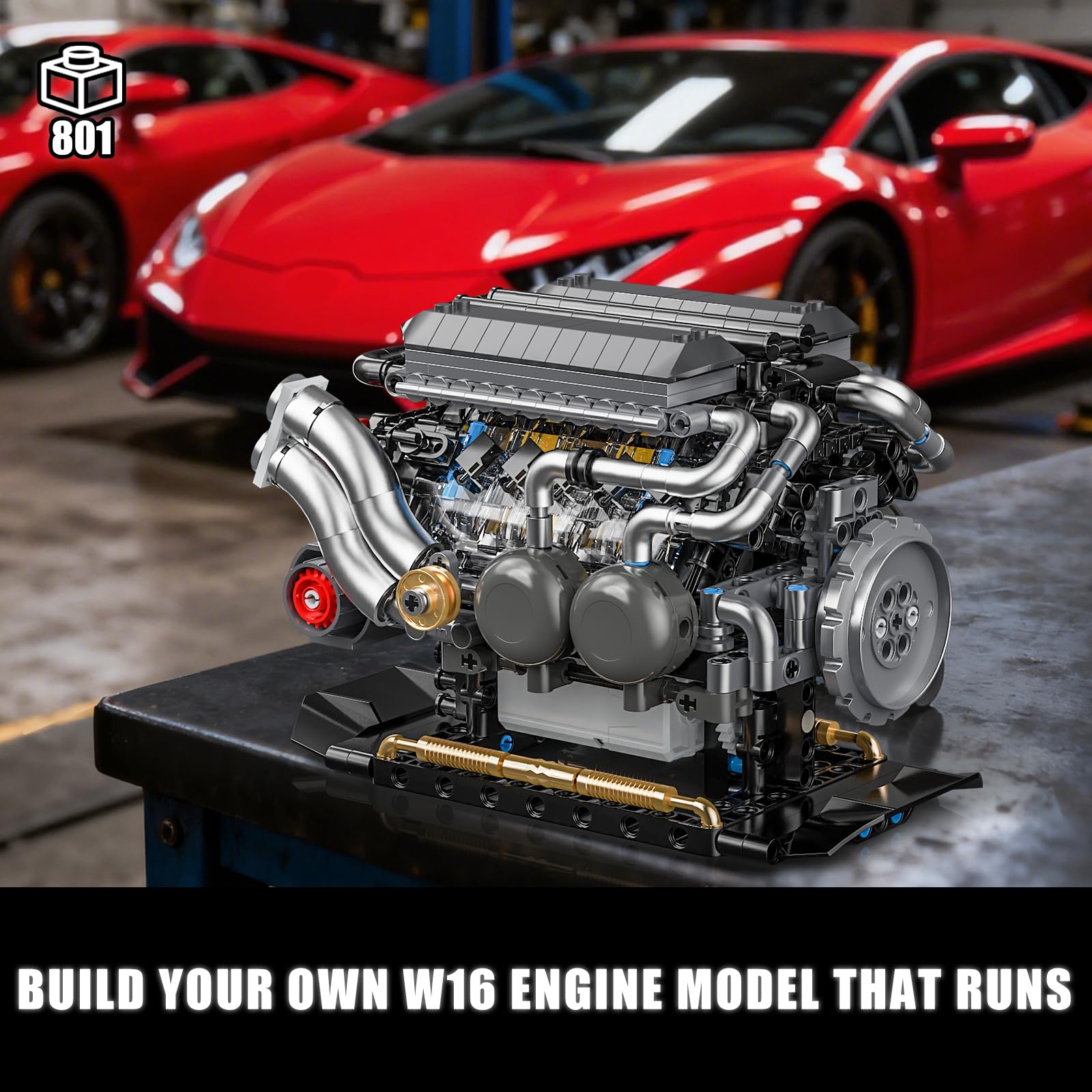 BseSparklion W16 Engine Building Blocks — 801 PCS STEM Model That Runs (Adults & Teens 8+)