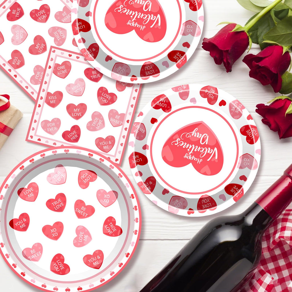BSOMAM 96Pcs Valentines Day Plates & Napkins Set – Red Heart Love Theme, Serves 24