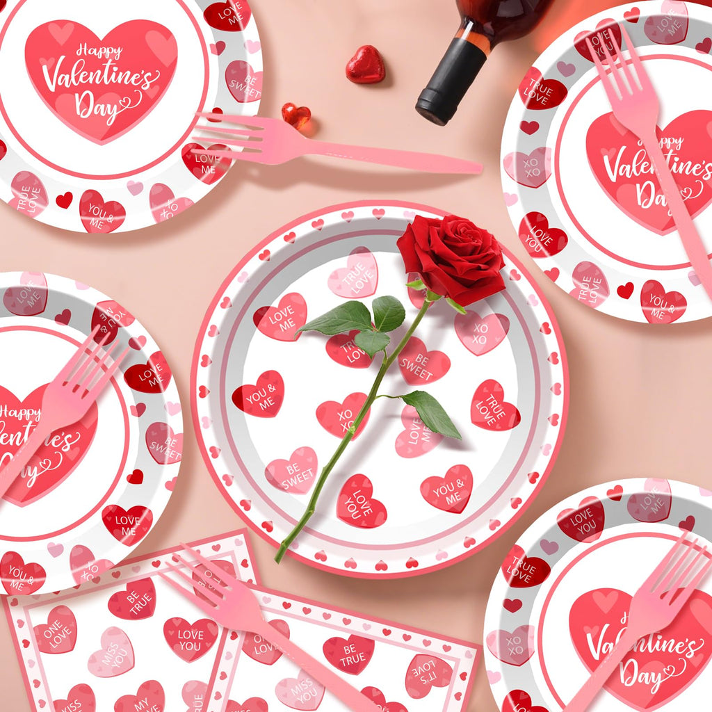 BSOMAM 96Pcs Valentines Day Plates & Napkins Set – Red Heart Love Theme, Serves 24