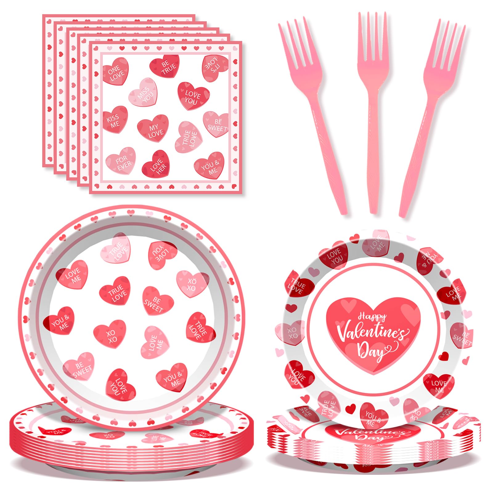 BSOMAM 96Pcs Valentines Day Plates & Napkins Set – Red Heart Love Theme, Serves 24