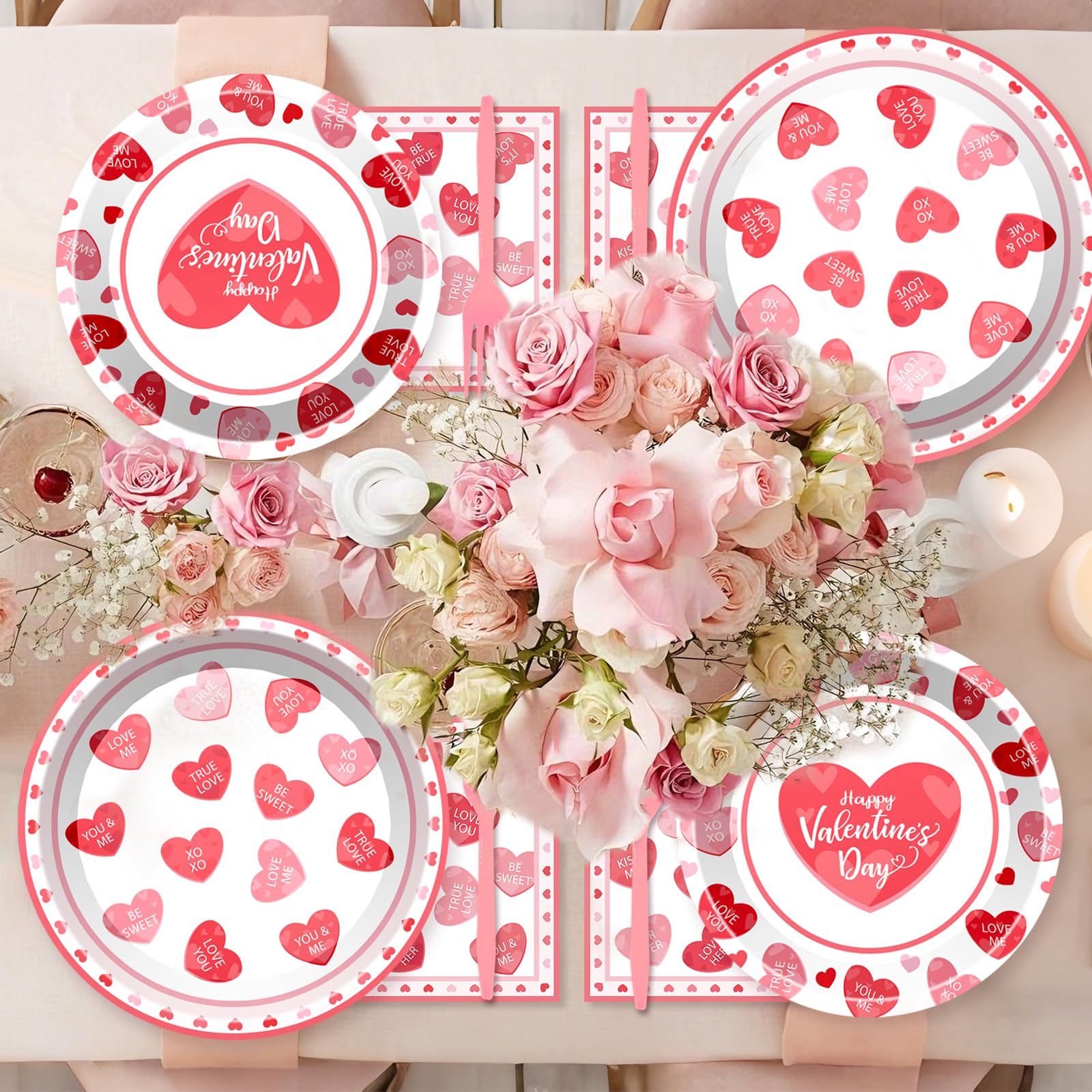 BSOMAM 96Pcs Valentines Day Plates & Napkins Set – Red Heart Love Theme, Serves 24