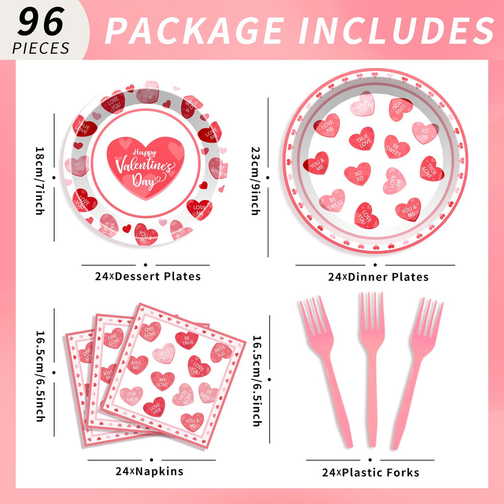 BSOMAM 96Pcs Valentines Day Plates & Napkins Set – Red Heart Love Theme, Serves 24