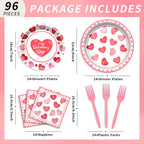 BSOMAM 96Pcs Valentines Day Plates & Napkins Set – Red Heart Love Theme, Serves 24