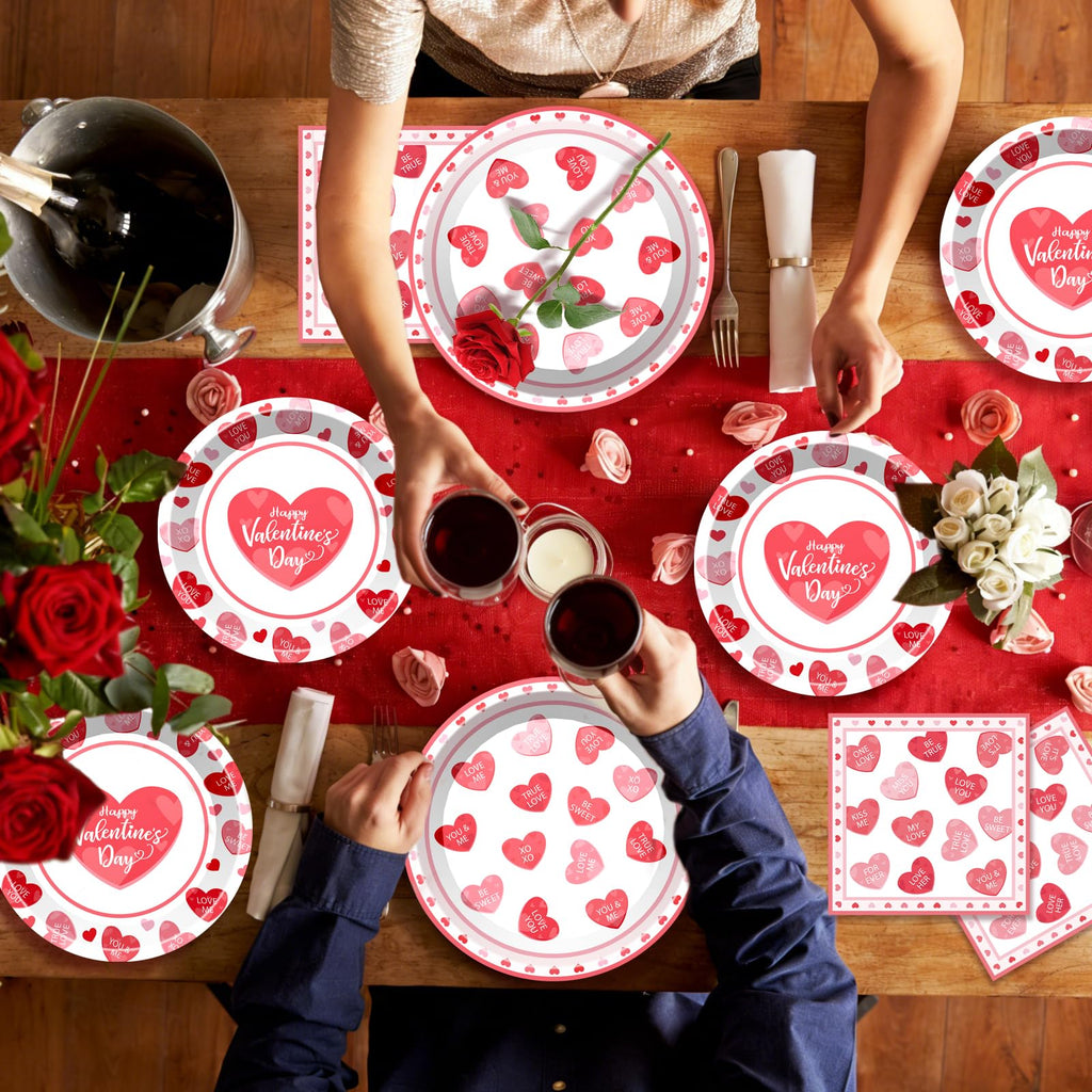 BSOMAM 96Pcs Valentines Day Plates & Napkins Set – Red Heart Love Theme, Serves 24