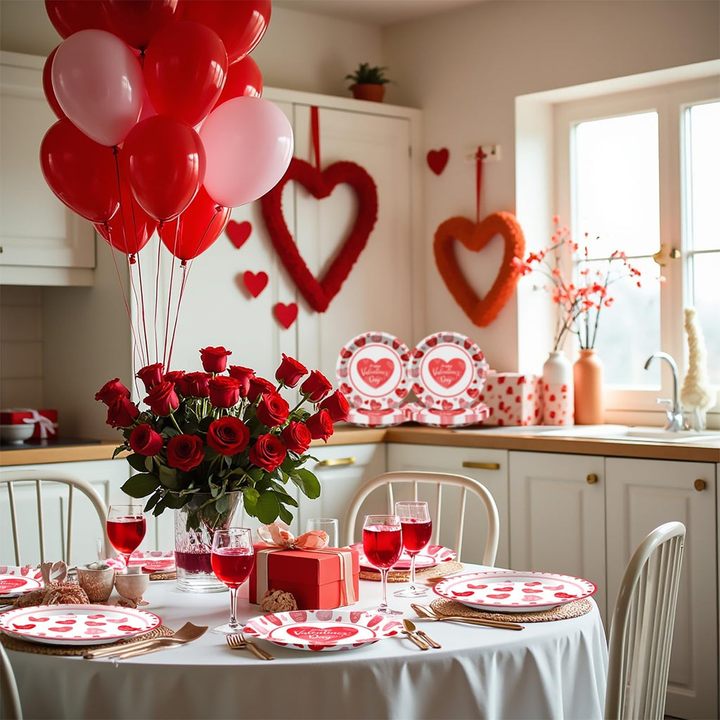 BSOMAM 96Pcs Valentines Day Plates & Napkins Set – Red Heart Love Theme, Serves 24