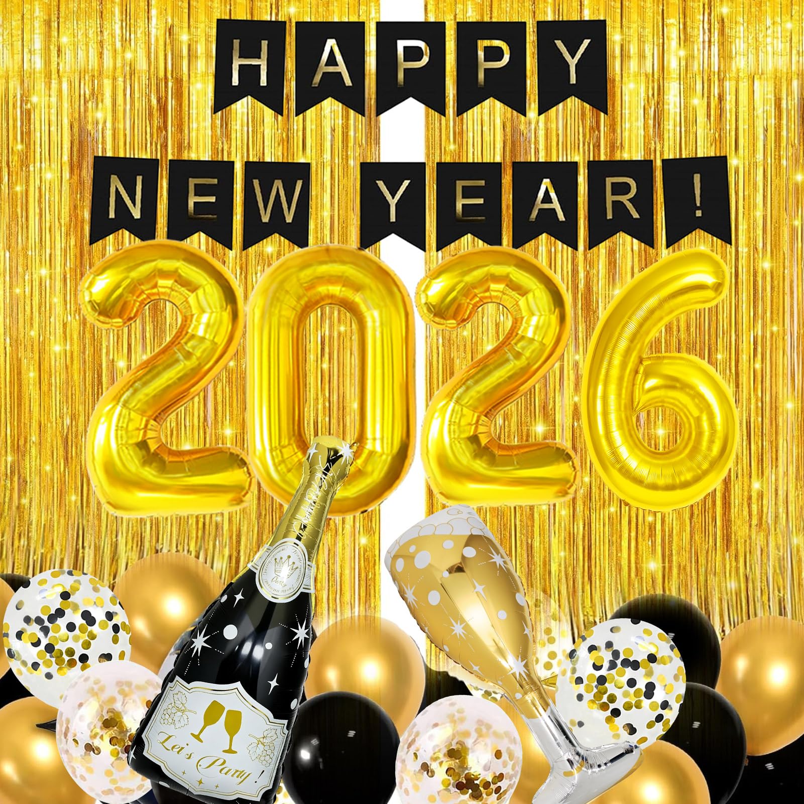 BSRESIN 106 Pcs Gold Happy New Year Balloons – Black & Gold Champagne Bottle & Goblet Foil Set for NYE 2026