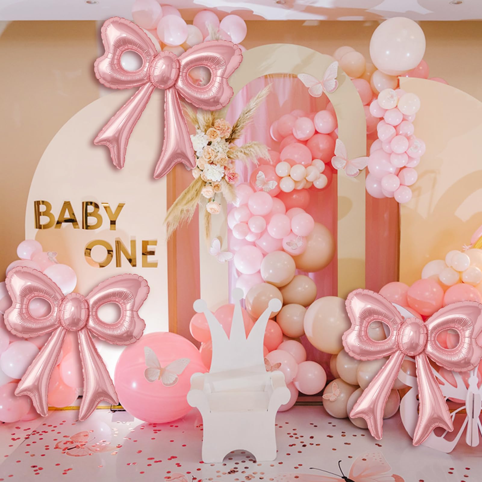 BSRESIN Pink Happy Birthday Balloons – 31-Inch Pink Bow Balloons + 16-Inch Birthday Balloon