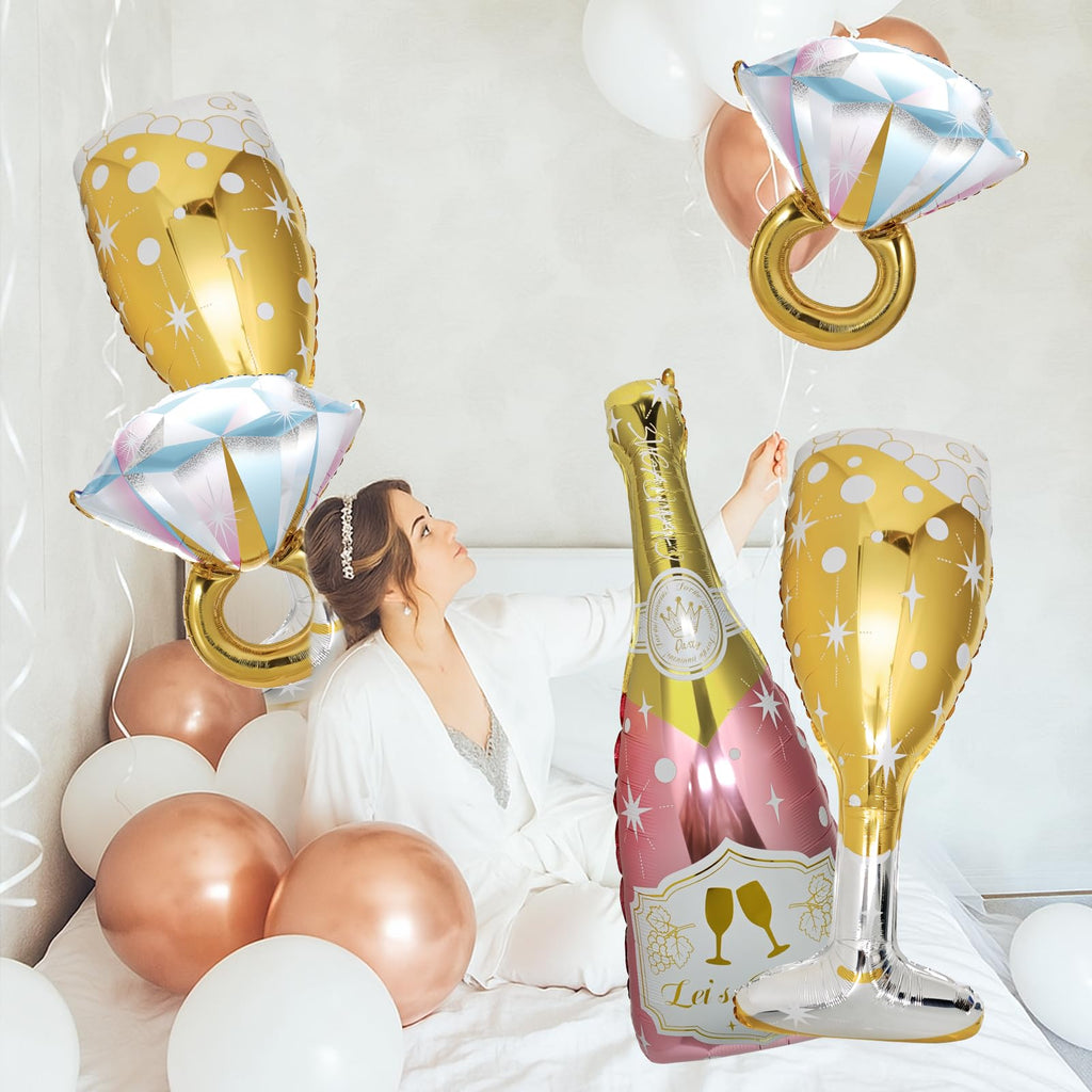 BSRESIN 4 Pcs Diamond Ring Balloons – Large Glitter Foil Ring Balloons for Bridal Shower, Wedding & More