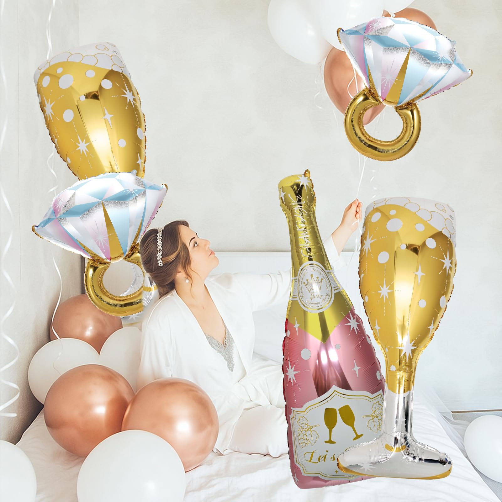 BSRESIN 4 Pcs Diamond Ring Balloons – Large Glitter Foil Ring Balloons for Bridal Shower, Wedding & More