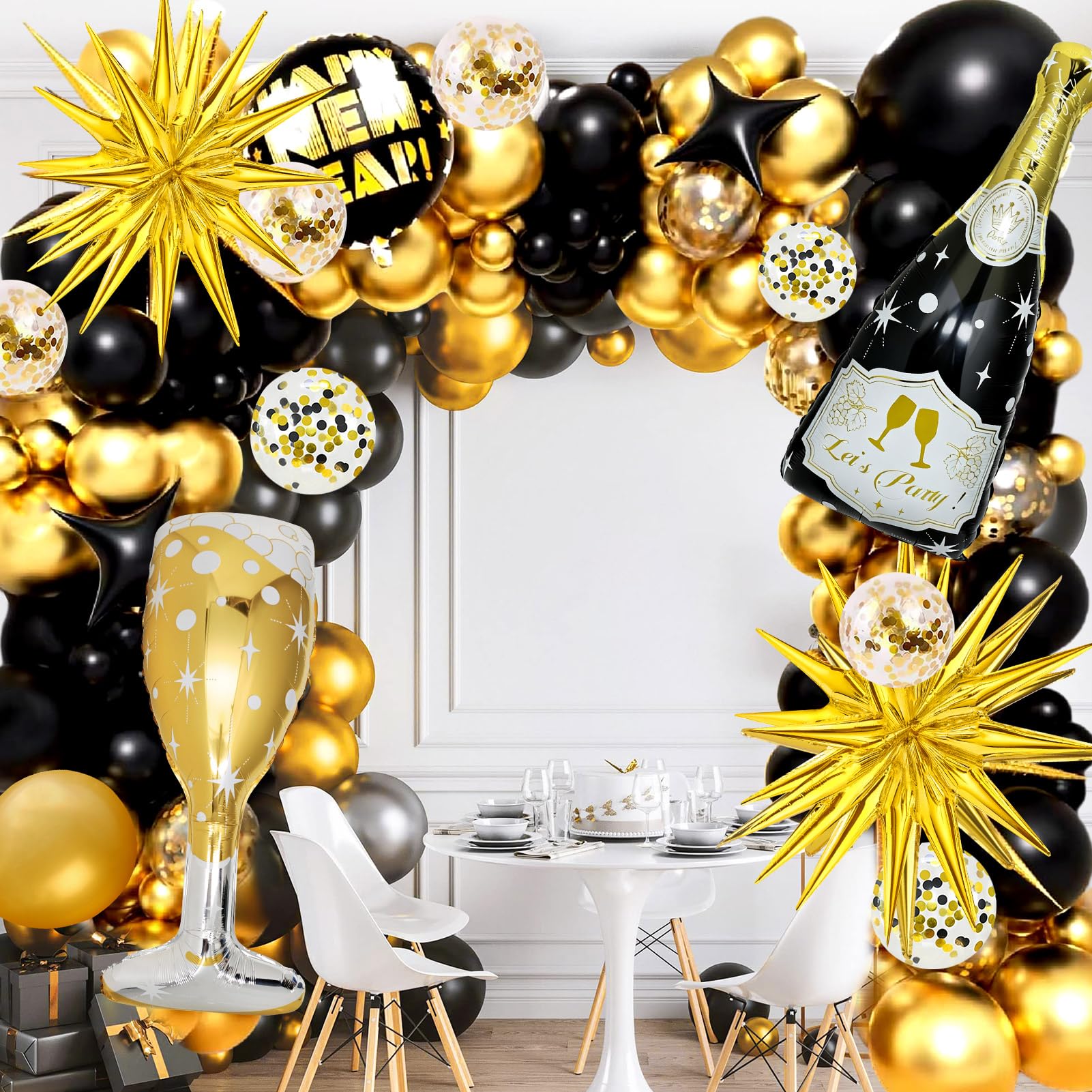 BSRESIN 106 Pcs Gold Happy New Year Balloons – Black & Gold Champagne Bottle & Goblet Foil Set for NYE 2026