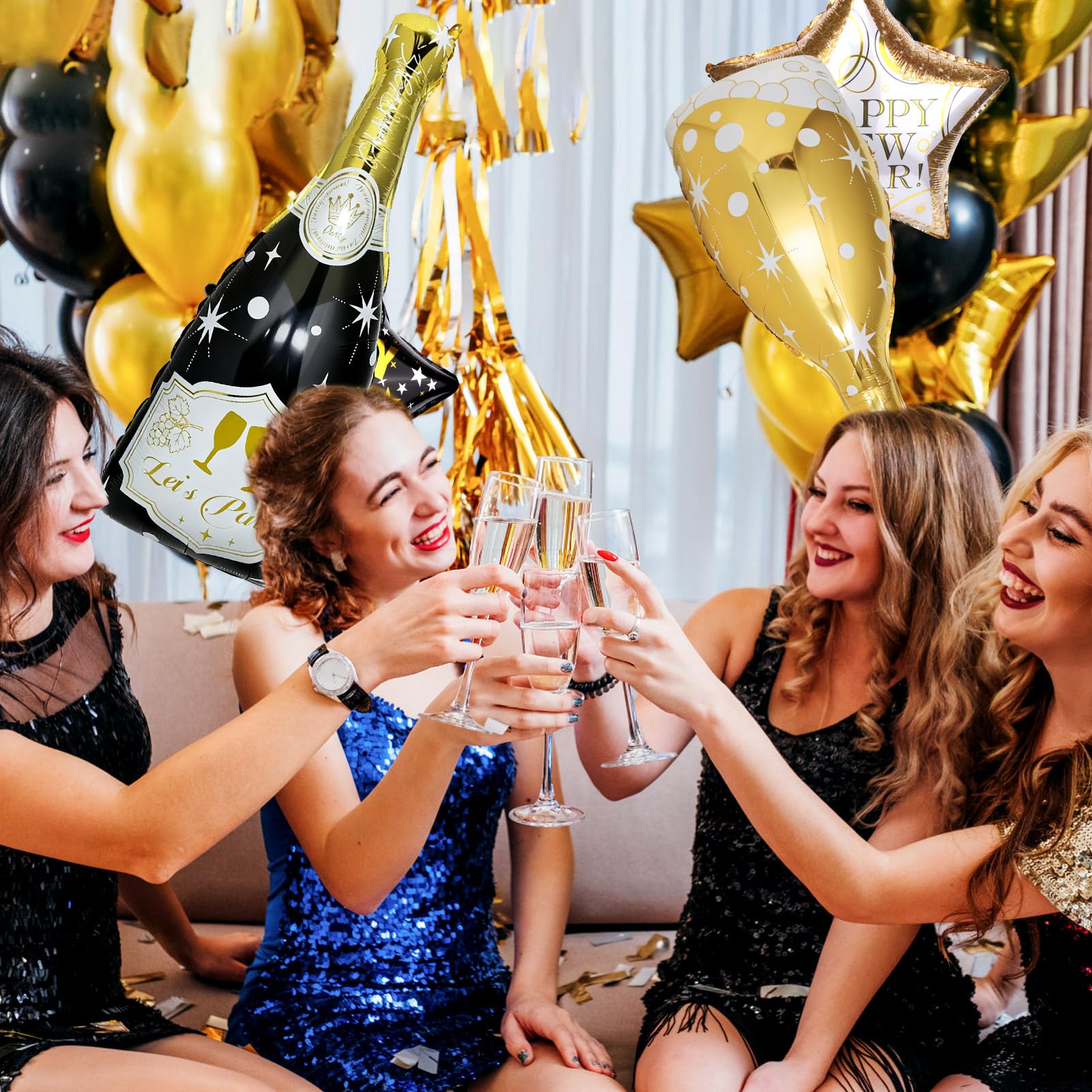 BSRESIN 106 Pcs Gold Happy New Year Balloons – Black & Gold Champagne Bottle & Goblet Foil Set for NYE 2026